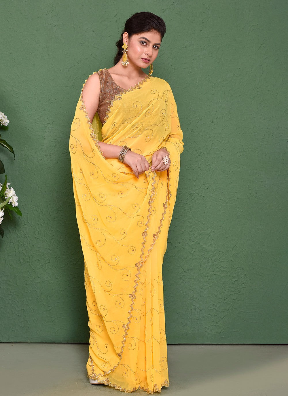 Hand Embroidery Georgette Yellow Saree S14328