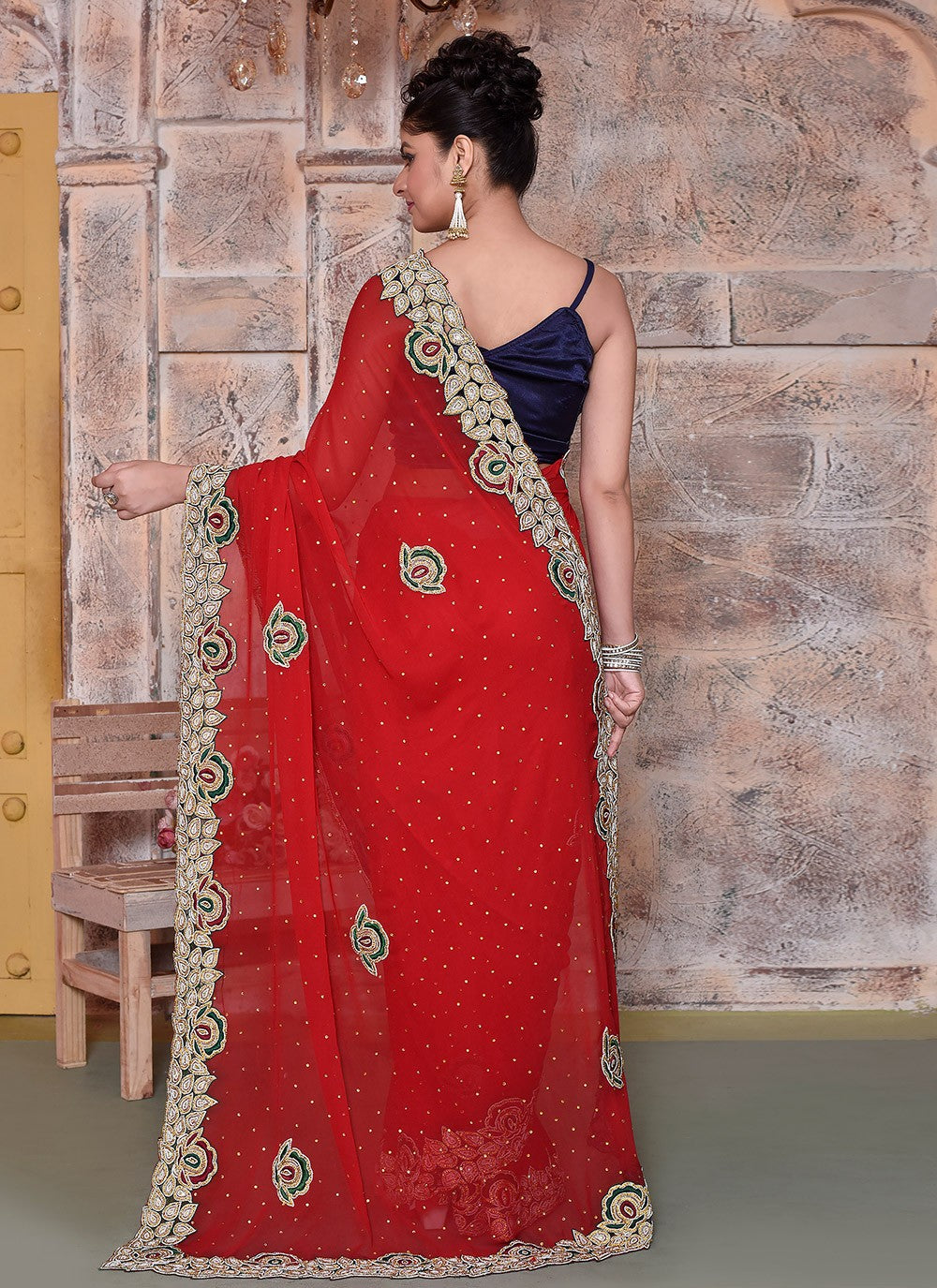 Hand Embroidery Georgette Red Saree S14360