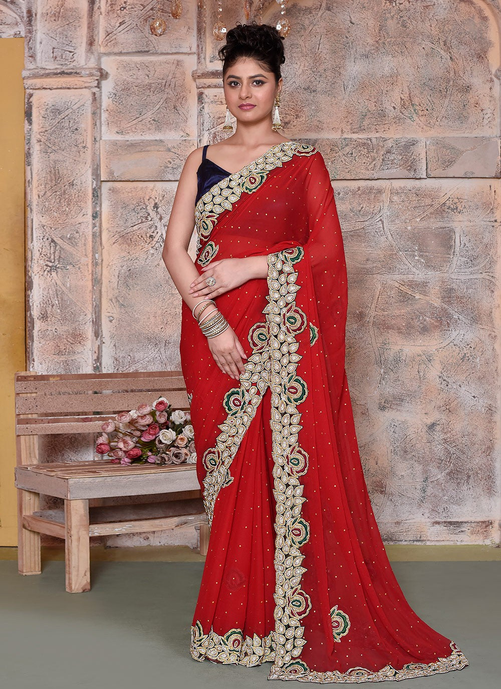 Hand Embroidery Georgette Red Saree S14360