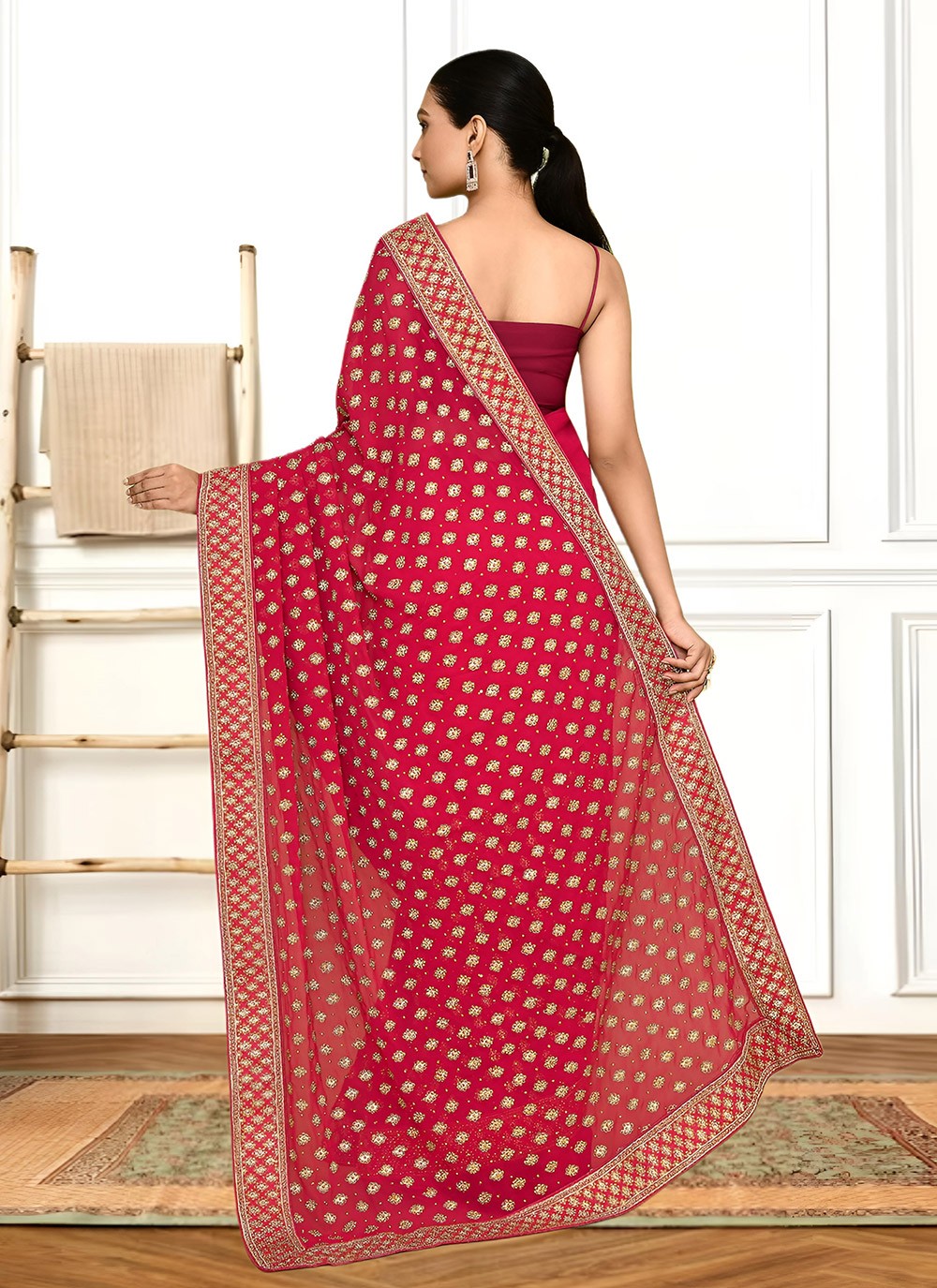 Hand Embroidery Georgette Hot Pink Saree S14272