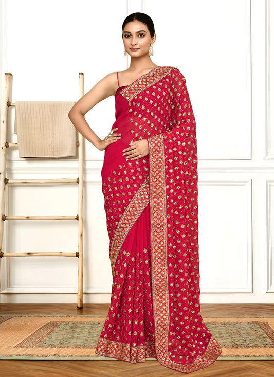 Hand Embroidery Georgette Hot Pink Saree S14272