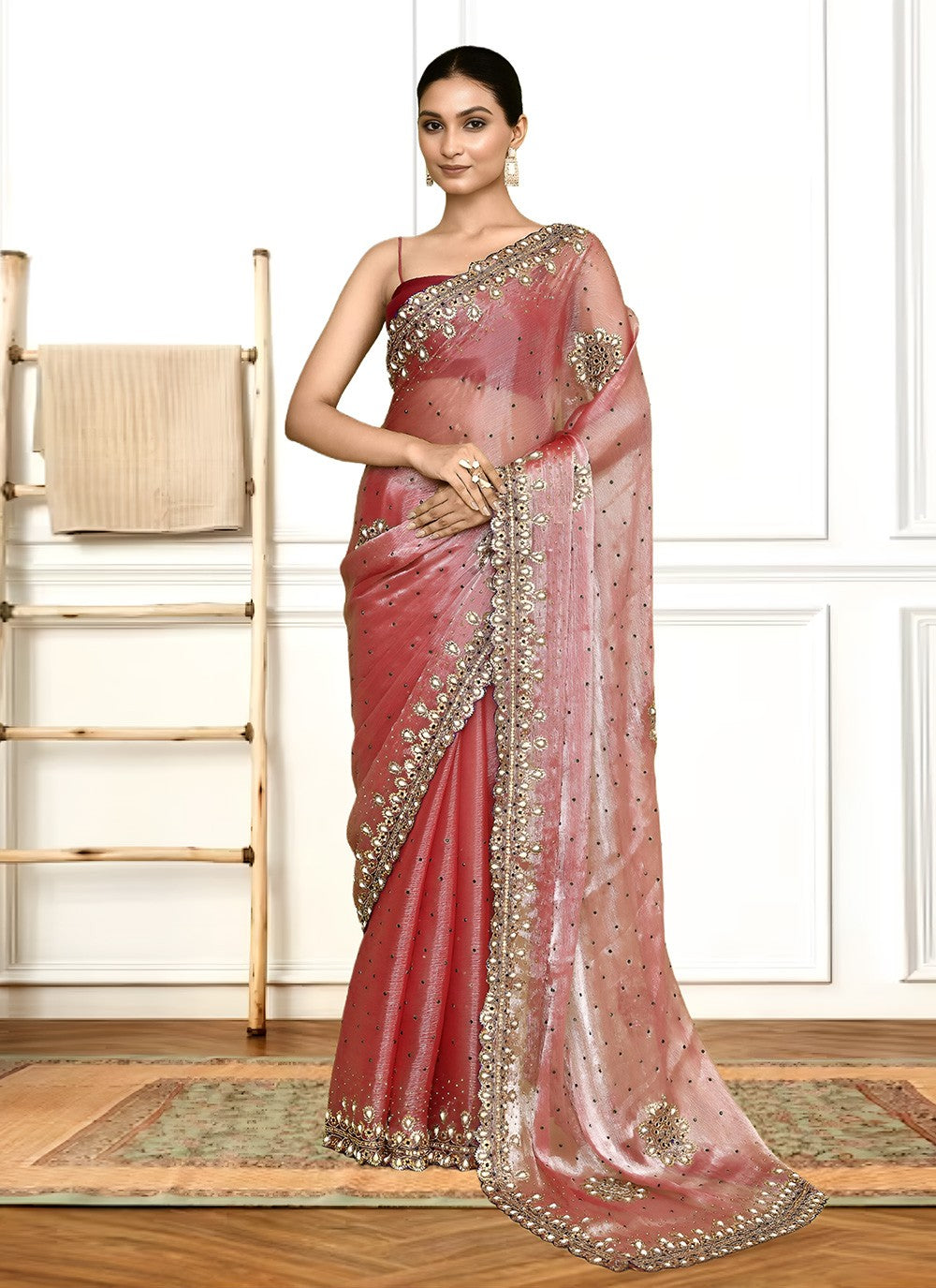 Hand Embroidery Jimmy Chu Peach Saree S14292