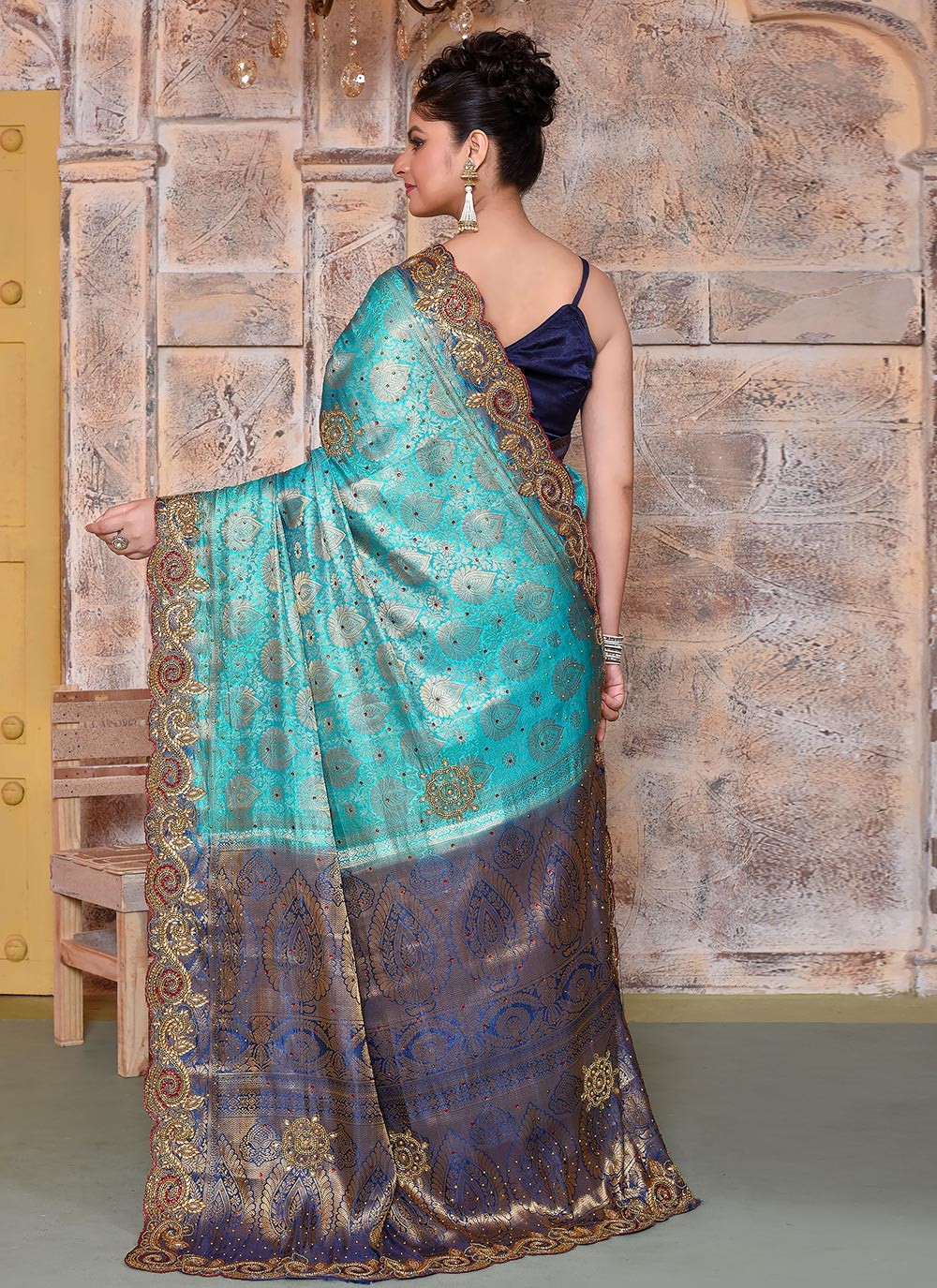 Hand Embroidery Kanjivaram Silk Blue Saree S14324