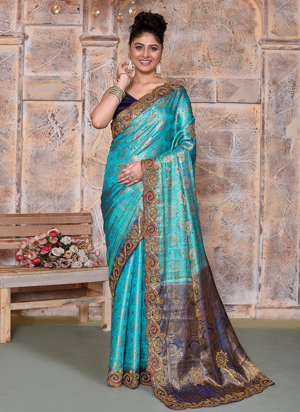 Hand Embroidery Kanjivaram Silk Blue Saree S14324