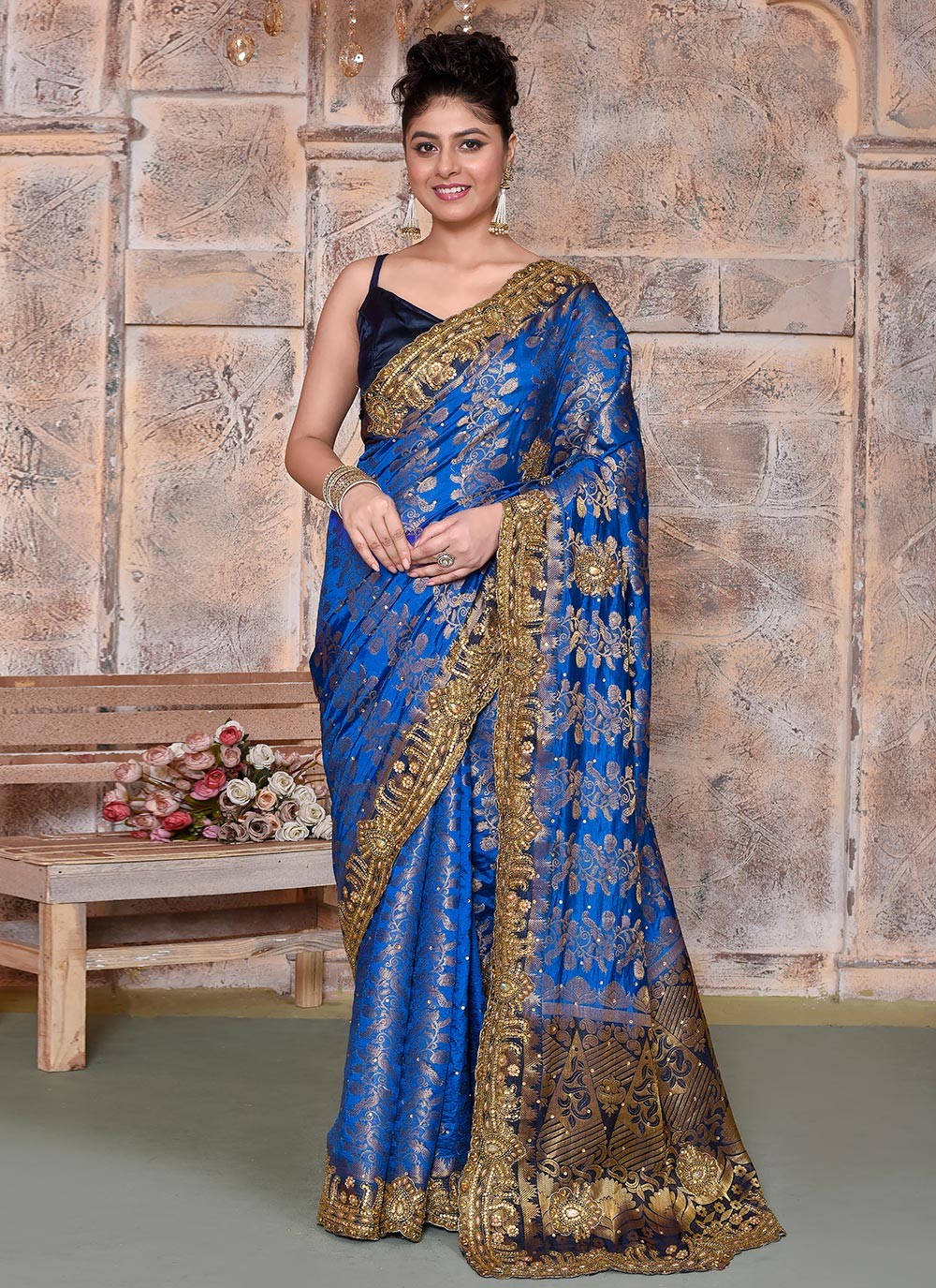Hand Embroidery Kanjivaram Silk Blue Saree S14331