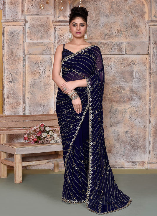 Hand Embroidery Georgette Navy Blue Saree S14326