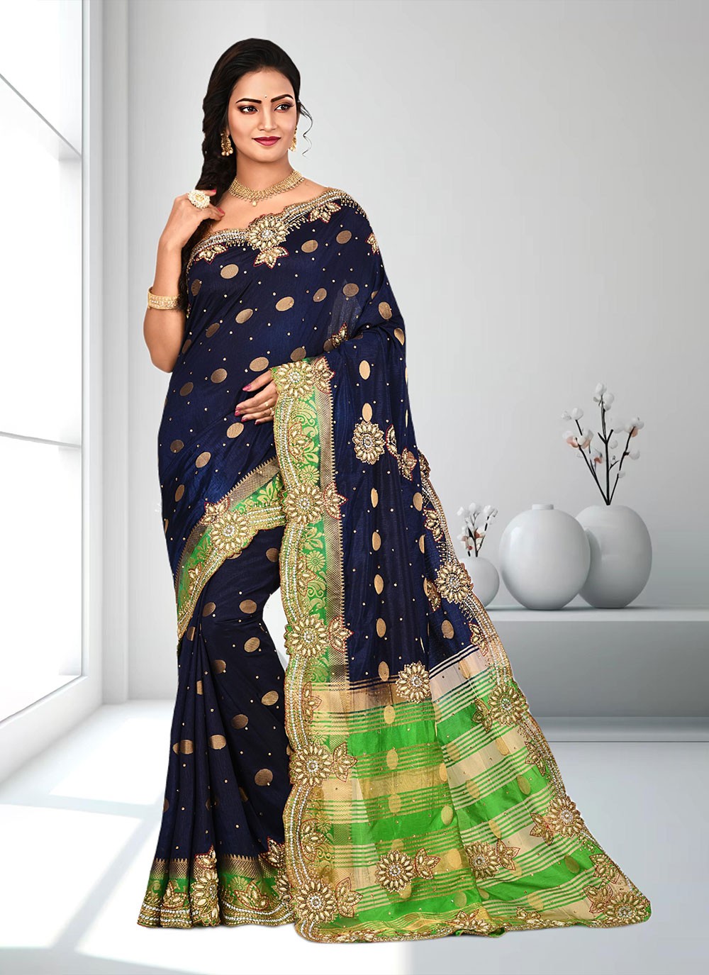 Classic Hand Embroidery Brasso Saree - S4738