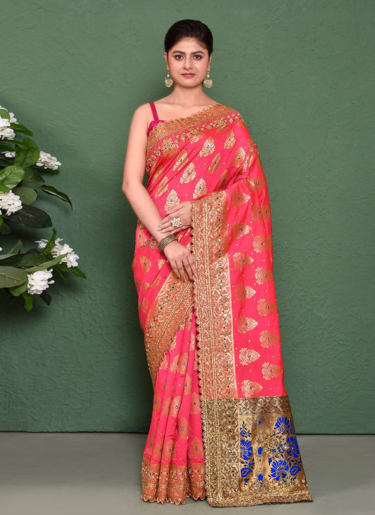 Hand Embroidery Kanjivaram Silk Pink Saree S14366