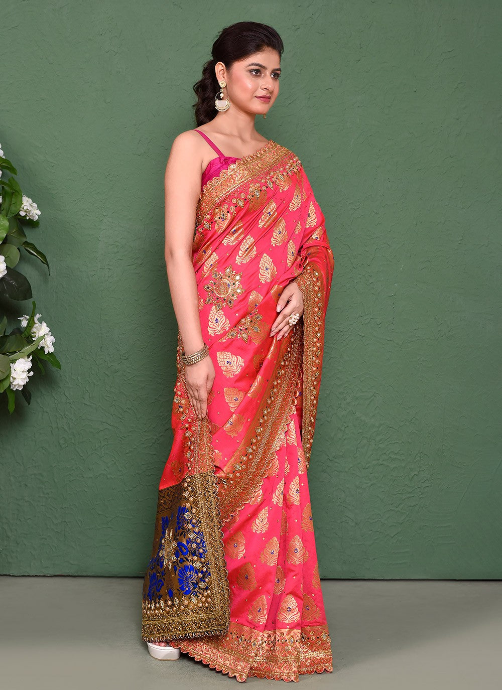 Hand Embroidery Kanjivaram Silk Pink Saree S14366