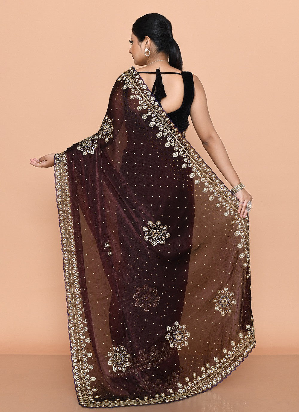 Contemporary Hand Embroidery Brown Jimmy Chu Saree S13141