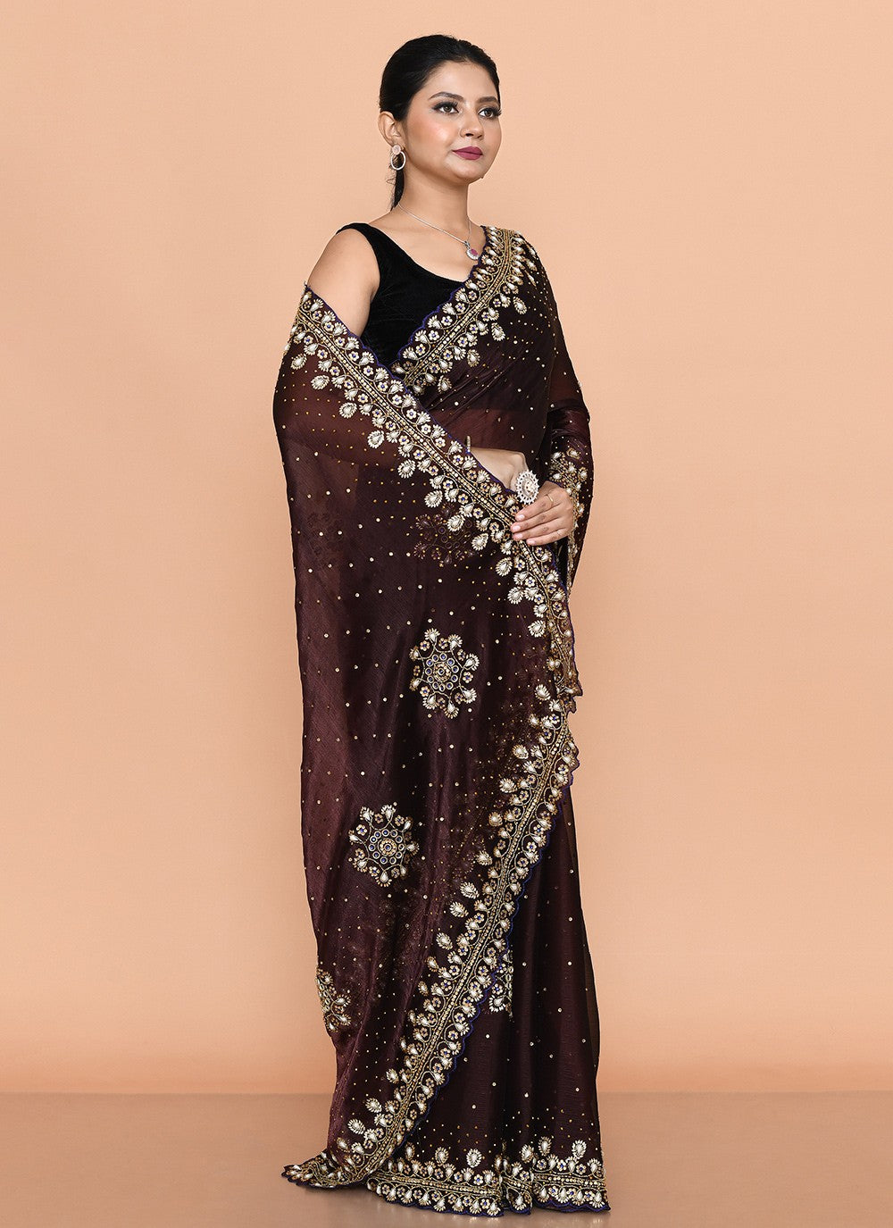 Contemporary Hand Embroidery Brown Jimmy Chu Saree S13141