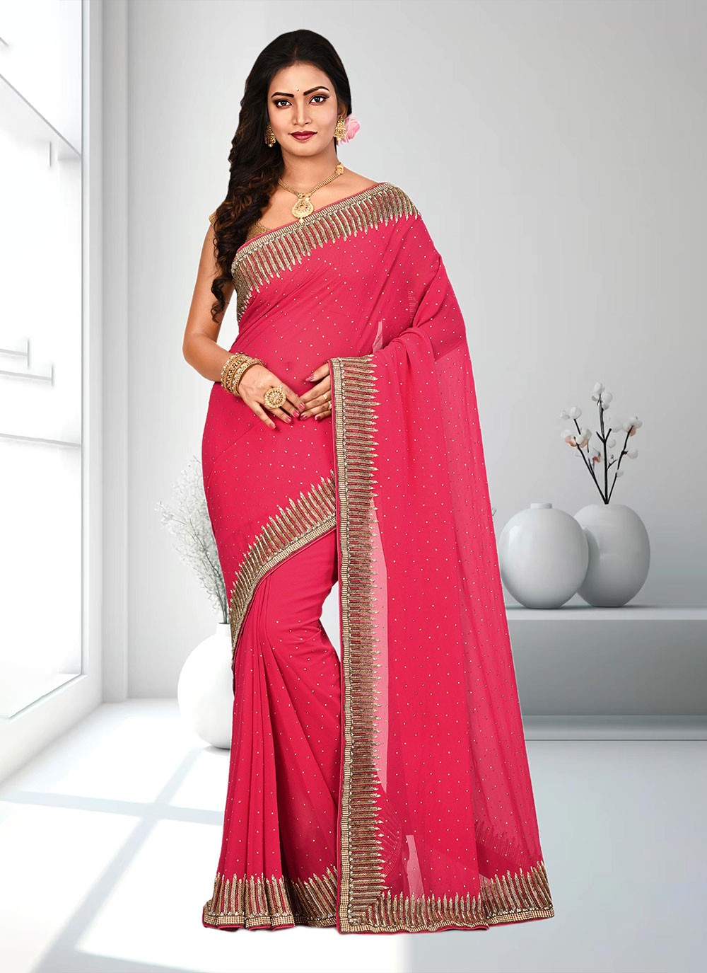 Classic Hand Embroidery Brasso Saree - S4738