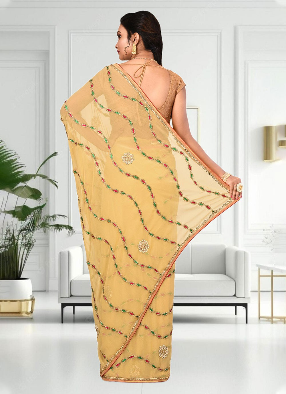 Classic Hand Embroidery Brasso Saree - S4738
