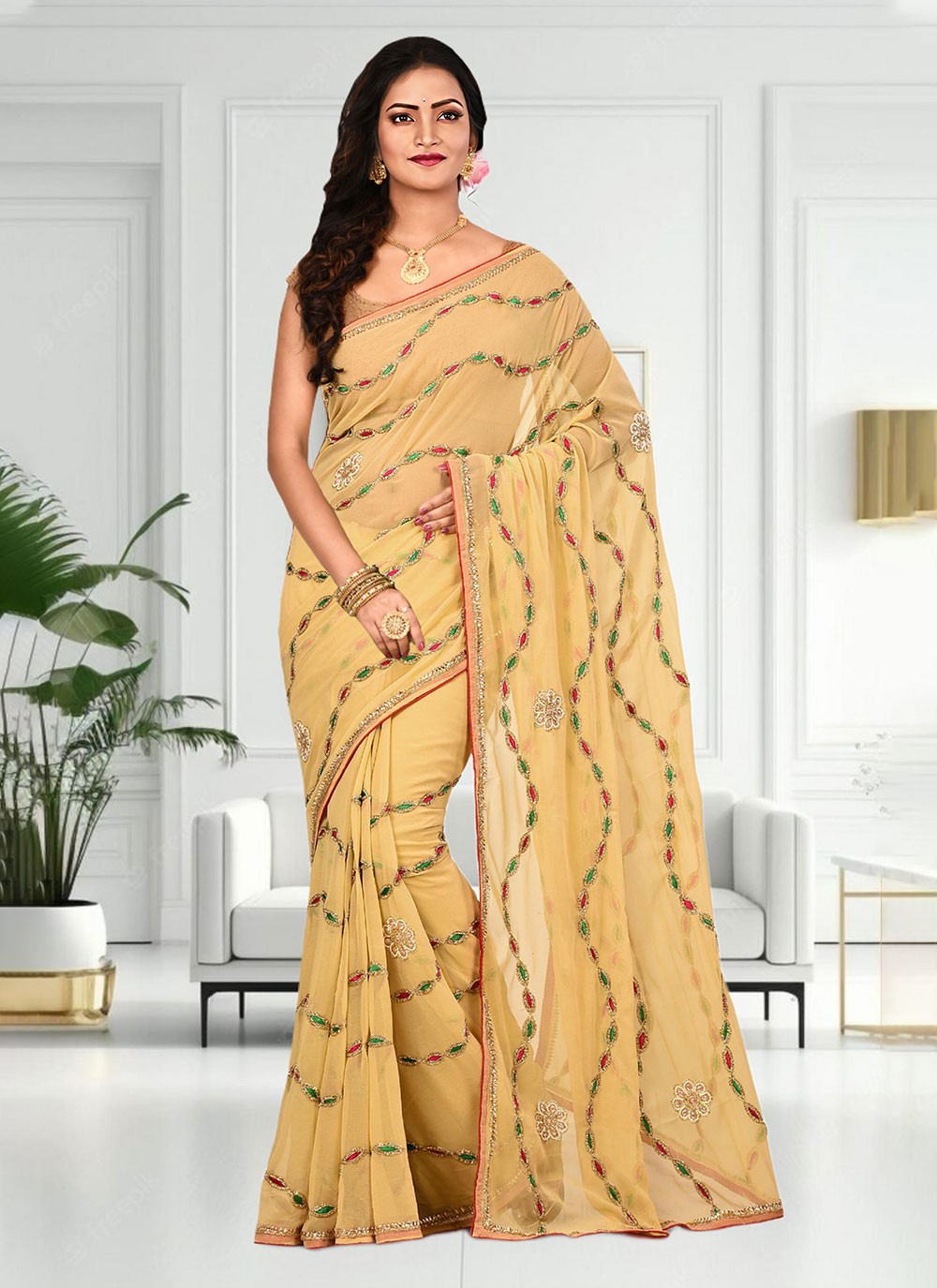 Classic Hand Embroidery Brasso Saree - S4738