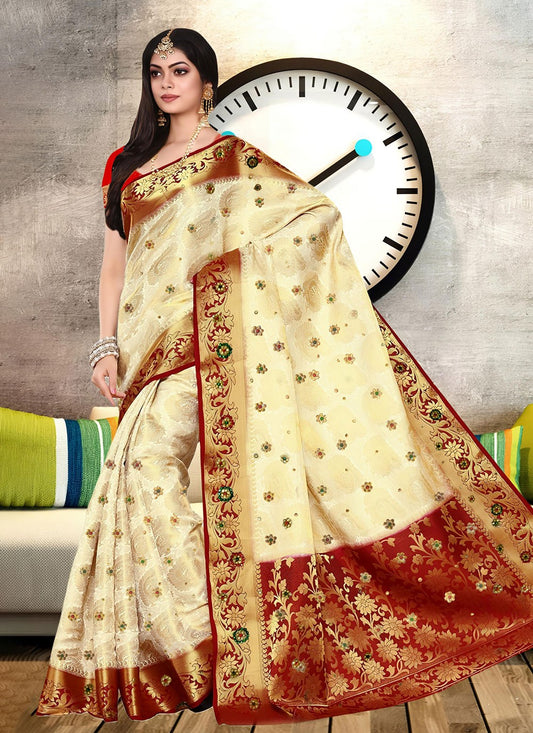 Hand Embroidery Kanjivaram Silk Off White Saree S13766