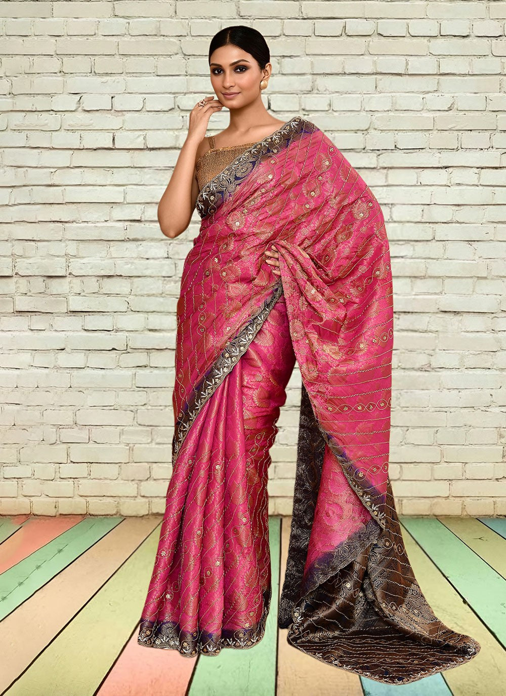 Hand Embroidery Kanjivaram Silk Pink Saree S14265