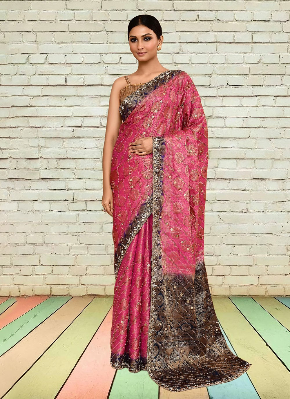 Hand Embroidery Kanjivaram Silk Pink Saree S14265