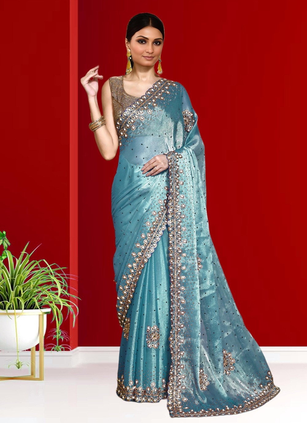 Hand Embroidery Jimmy Chu Aqua Blue Saree S14270