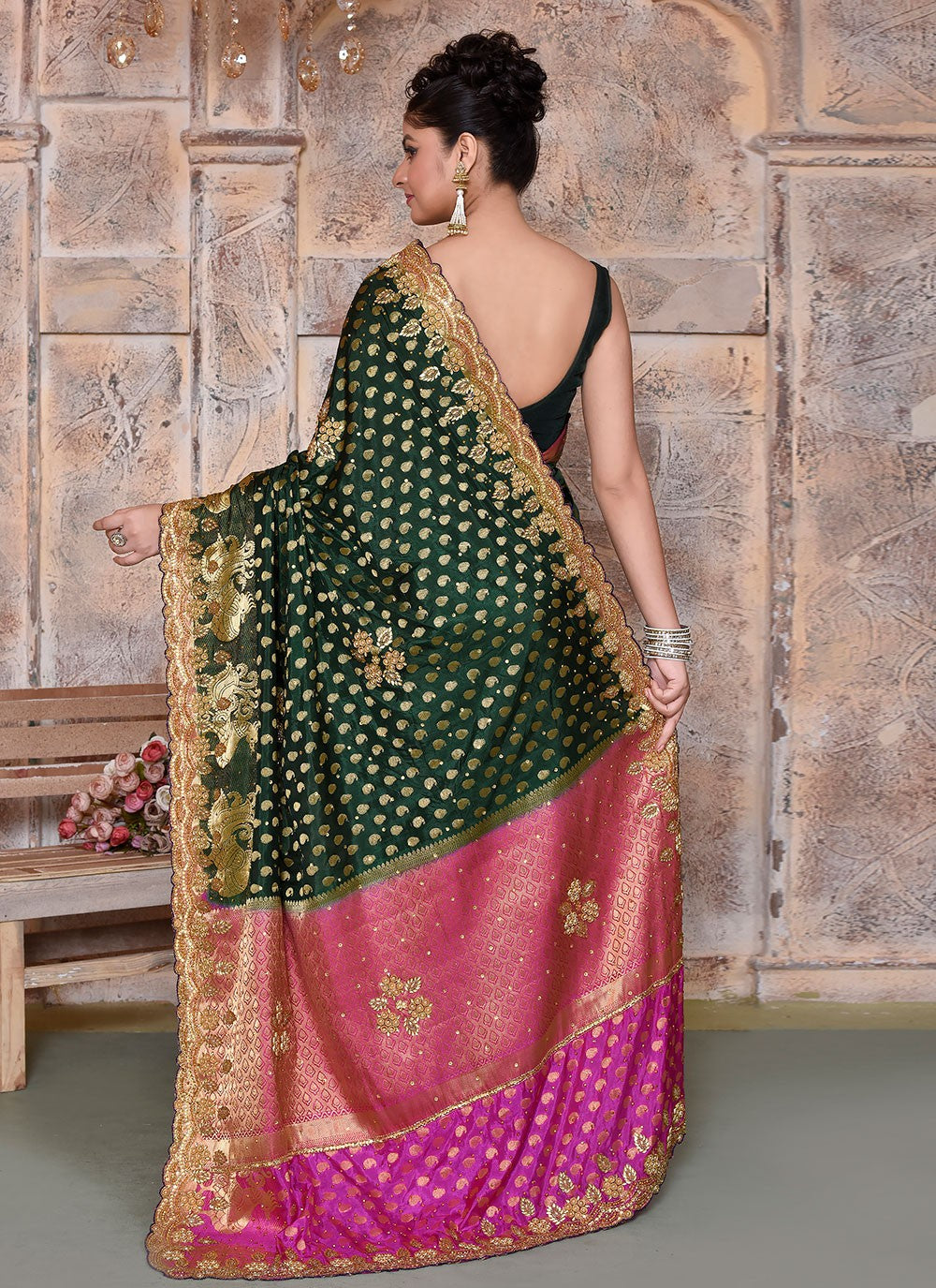 Hand Embroidery Kanjivaram Silk Green Saree S14330