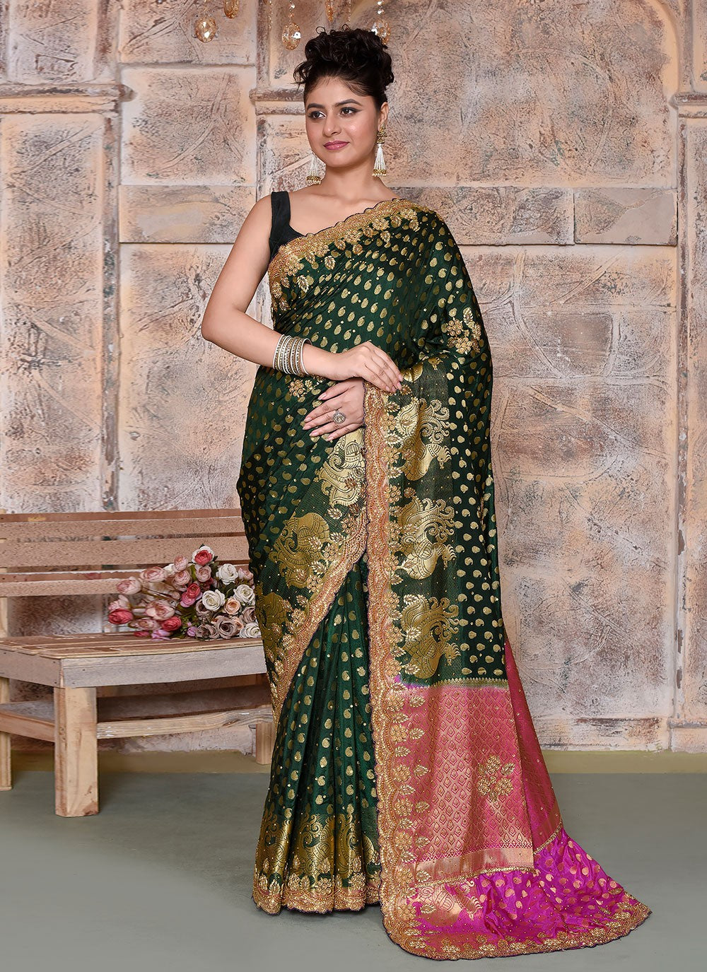 Hand Embroidery Kanjivaram Silk Green Saree S14330
