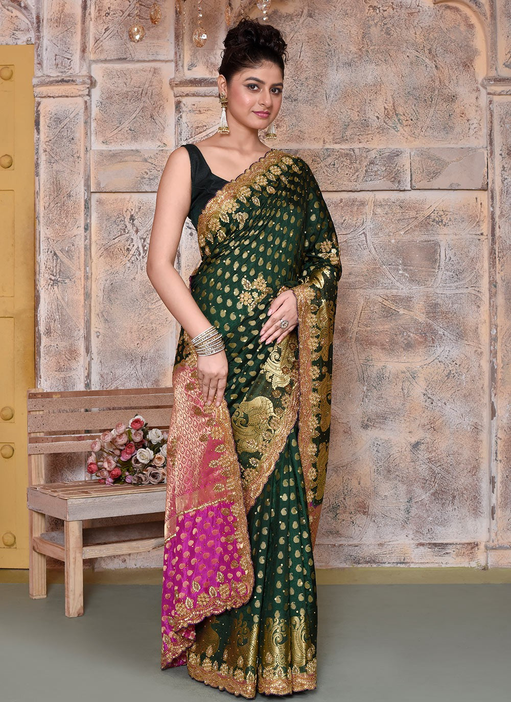 Hand Embroidery Kanjivaram Silk Green Saree S14330