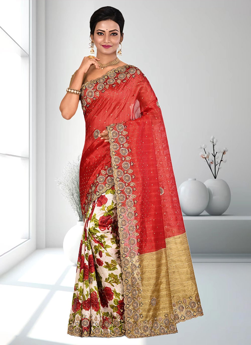 Classic Hand Embroidery Brasso Saree - S4738
