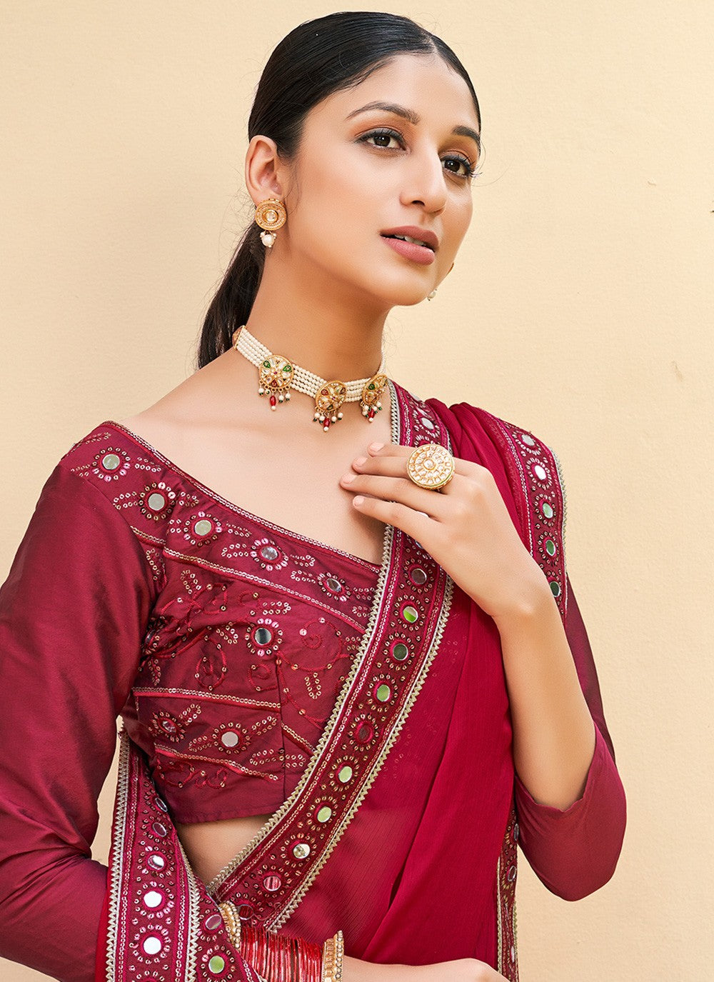 Classic Embroidered Chiffon Satin Saree - S3504