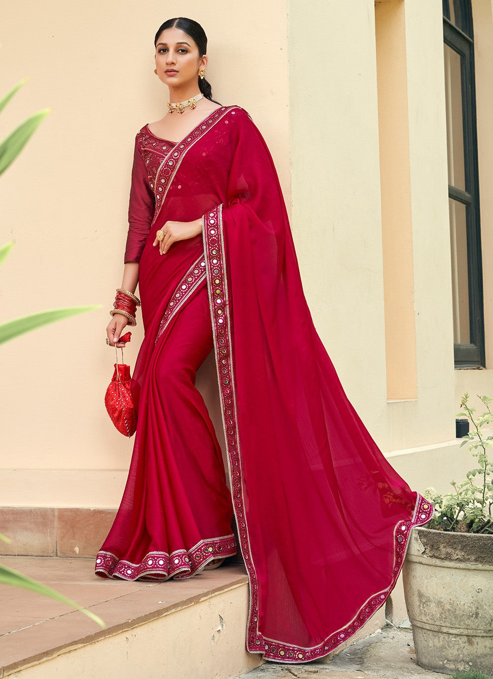 Classic Embroidered Chiffon Satin Saree - S3504