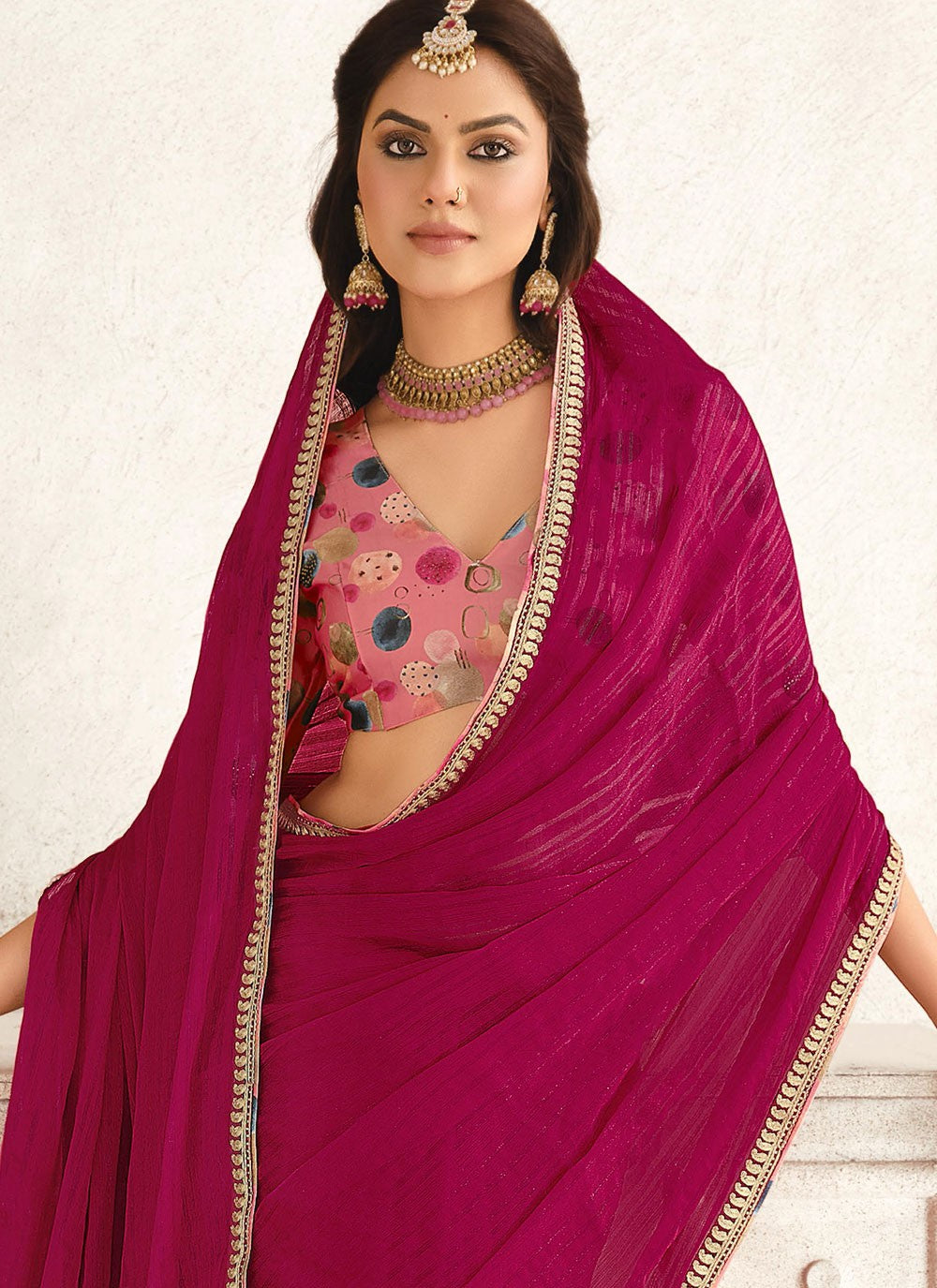 Bollywood Style Border Work Hot Pink Silk Saree S13208