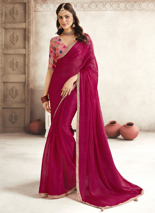 Bollywood Style Border Work Hot Pink Silk Saree S13208
