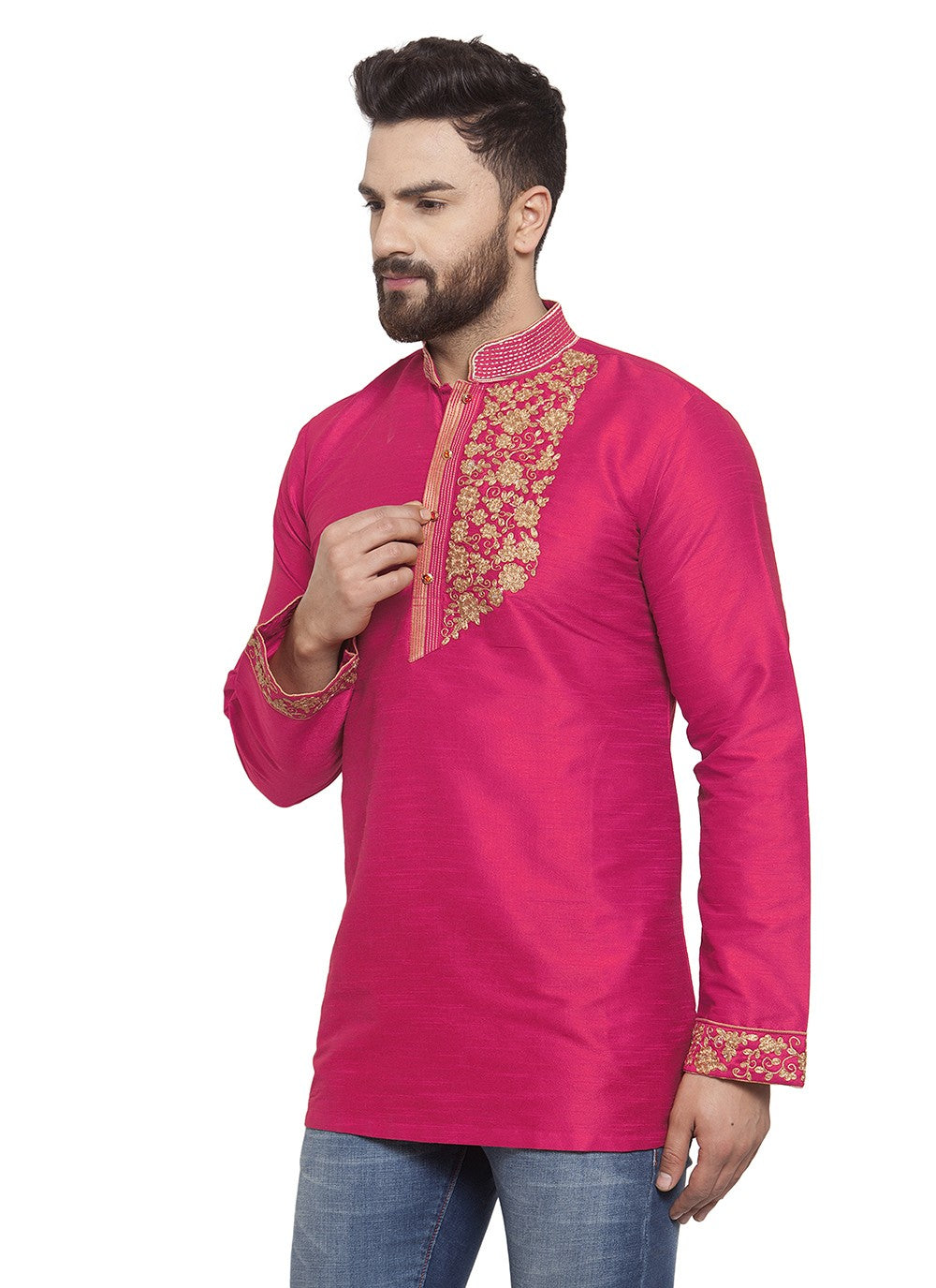 Machine Embroidery Dupion Silk Hot Pink Short Kurta - M5722