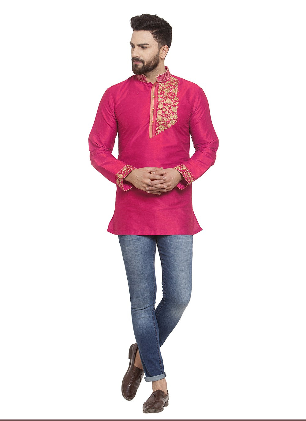 Machine Embroidery Dupion Silk Hot Pink Short Kurta - M5722