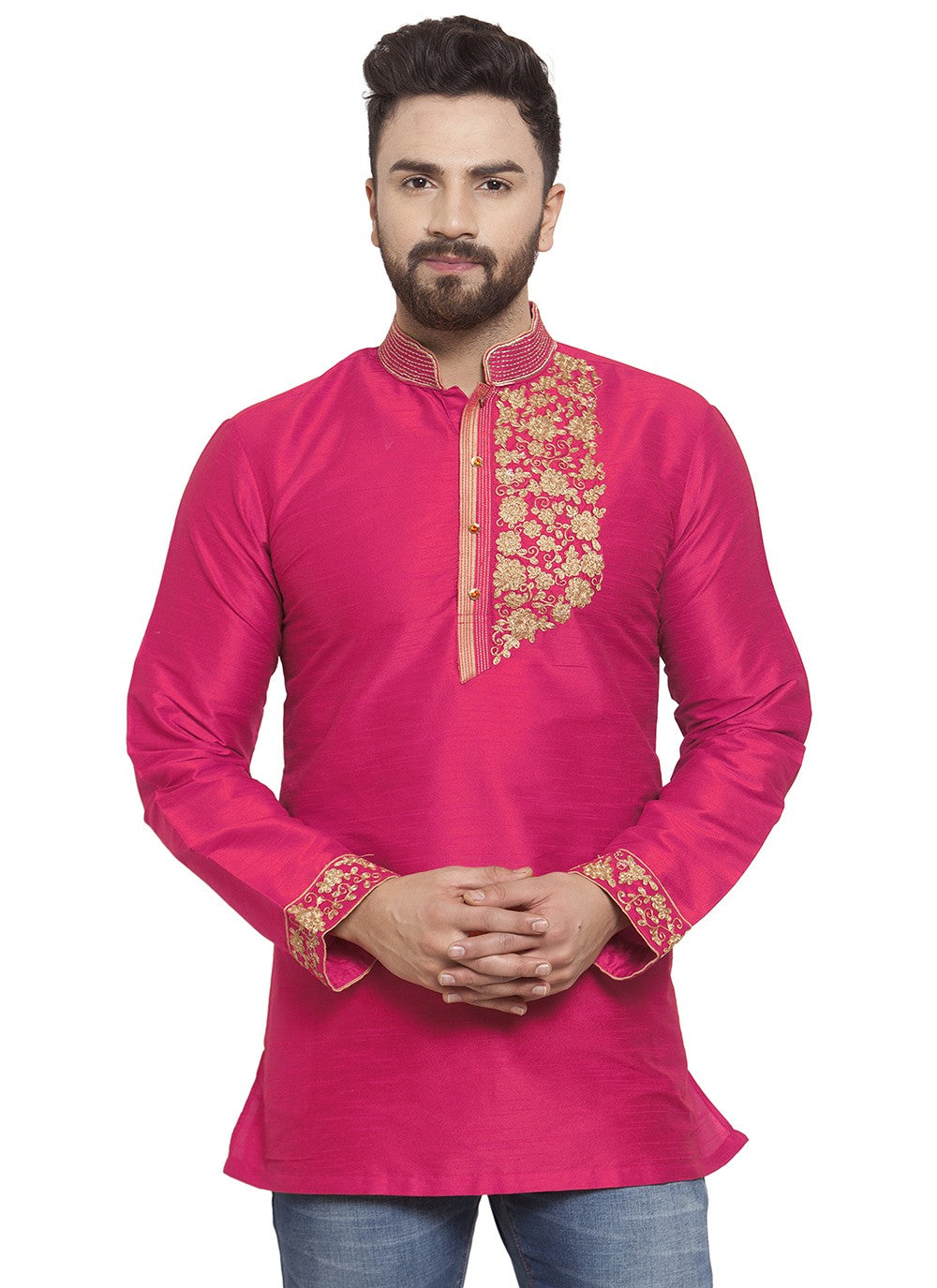Machine Embroidery Dupion Silk Hot Pink Short Kurta - M5722