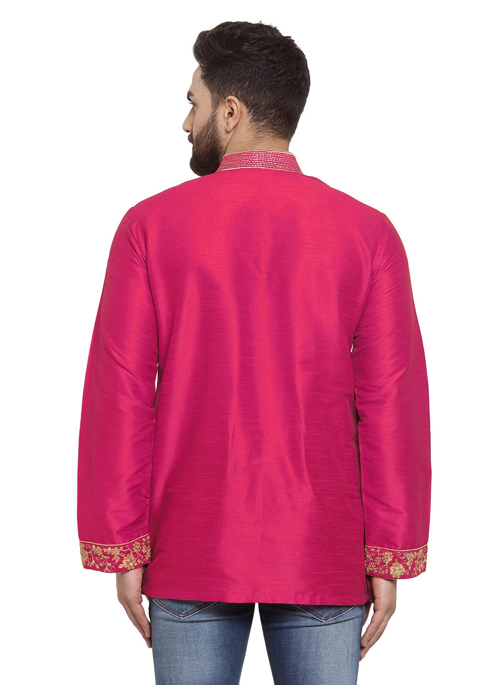 Machine Embroidery Dupion Silk Hot Pink Short Kurta - M5722