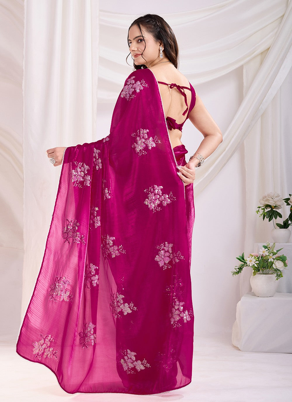 Embroidered Jimmy Chu Hot Pink Saree S13856