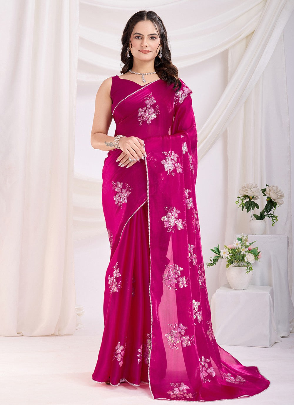 Embroidered Jimmy Chu Hot Pink Saree S13856
