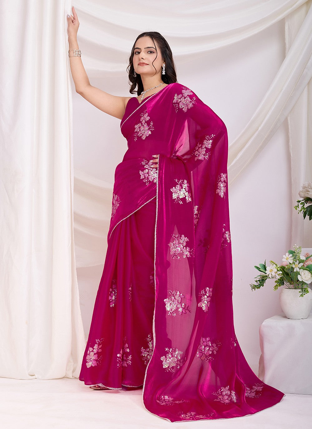 Embroidered Jimmy Chu Hot Pink Saree S13856
