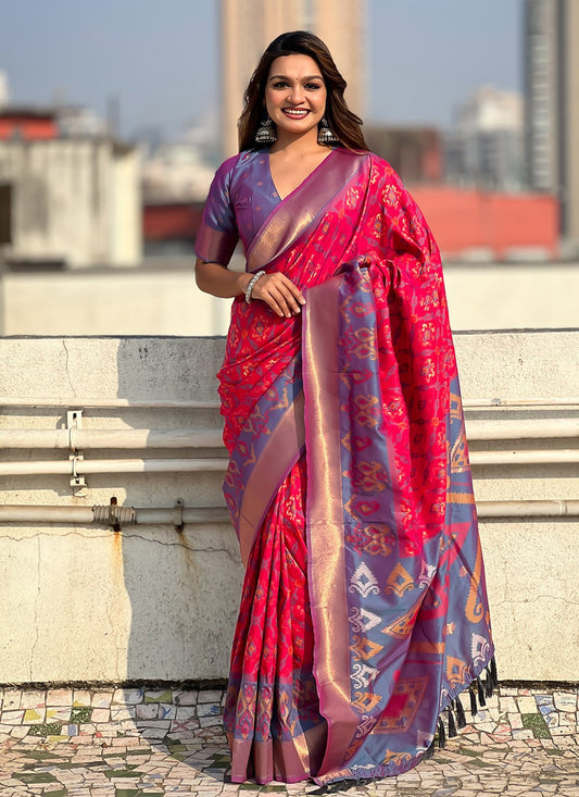 Trendy Saree Meenakari Hot Pink Patola Silk Saree S13548