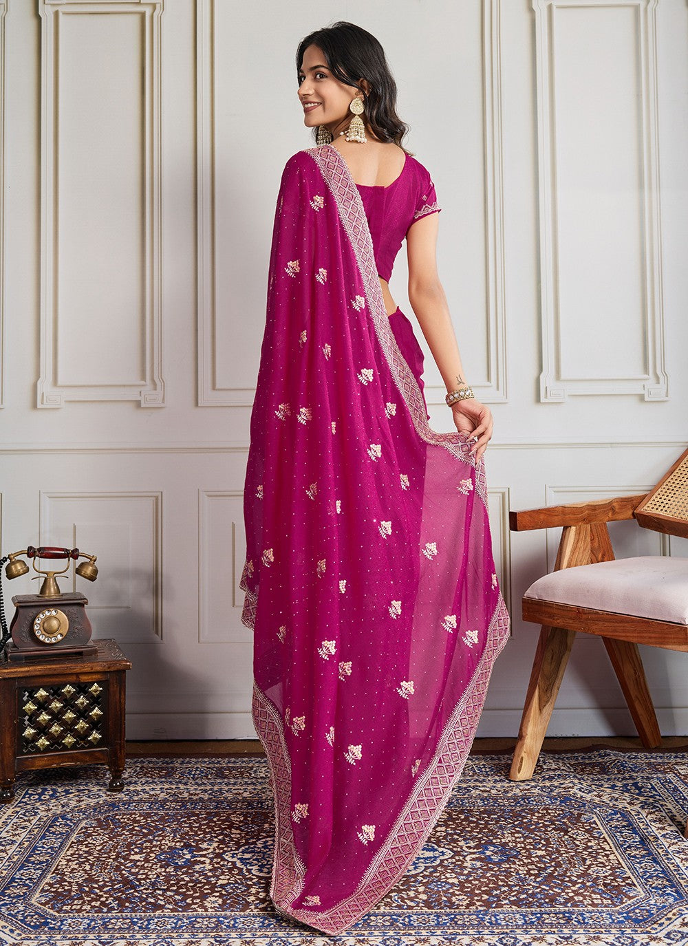 Hot Pink Georgette Trendy Saree Embroidered, Swarovski S19439