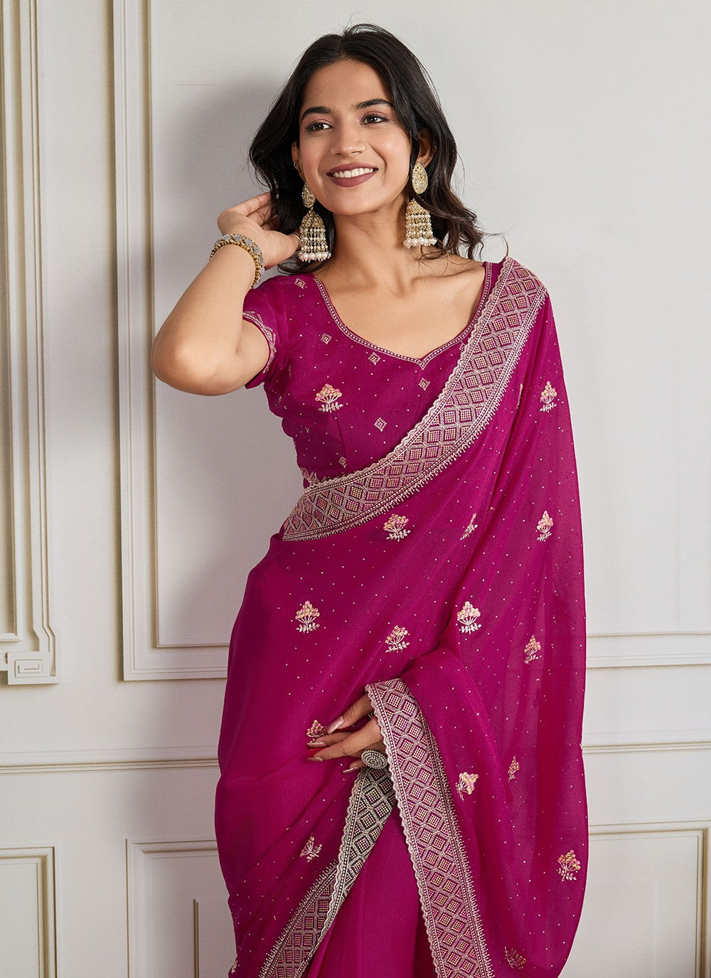 Hot Pink Georgette Trendy Saree Embroidered, Swarovski S19439