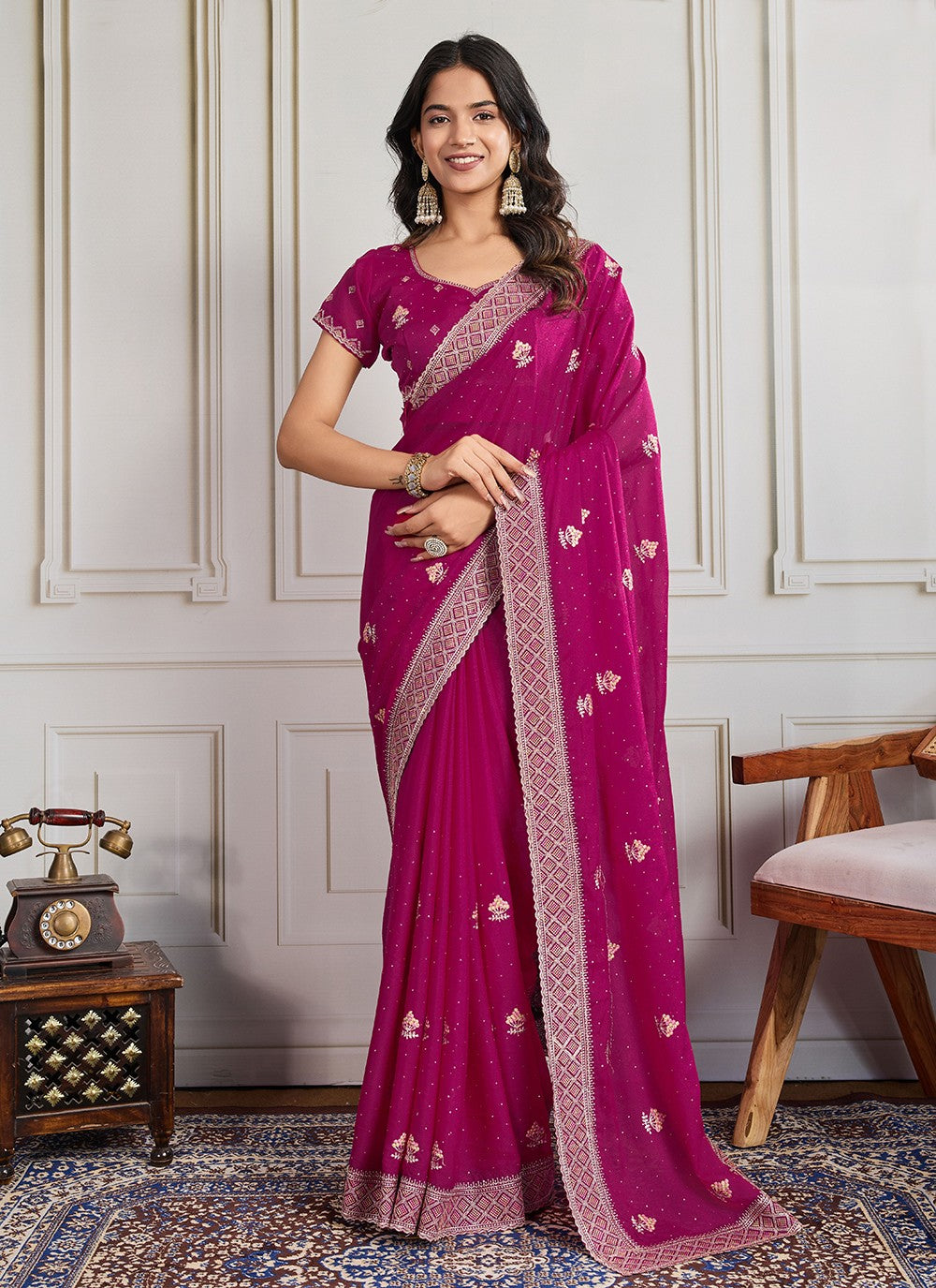 Hot Pink Georgette Trendy Saree Embroidered, Swarovski S19439