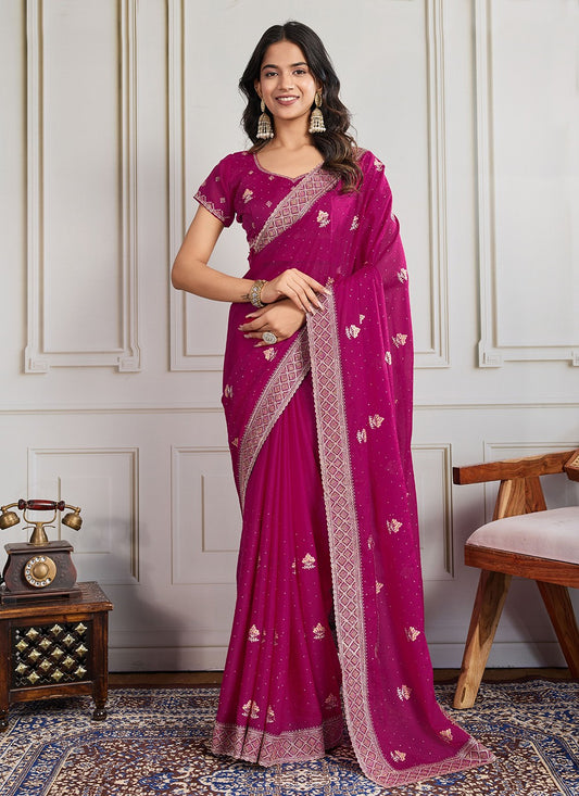 Hot Pink Georgette Trendy Saree Embroidered, Swarovski S19439