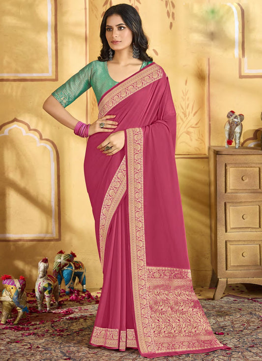 Trendy Saree Jacquard Work Hot Pink Chiffon Saree S13347