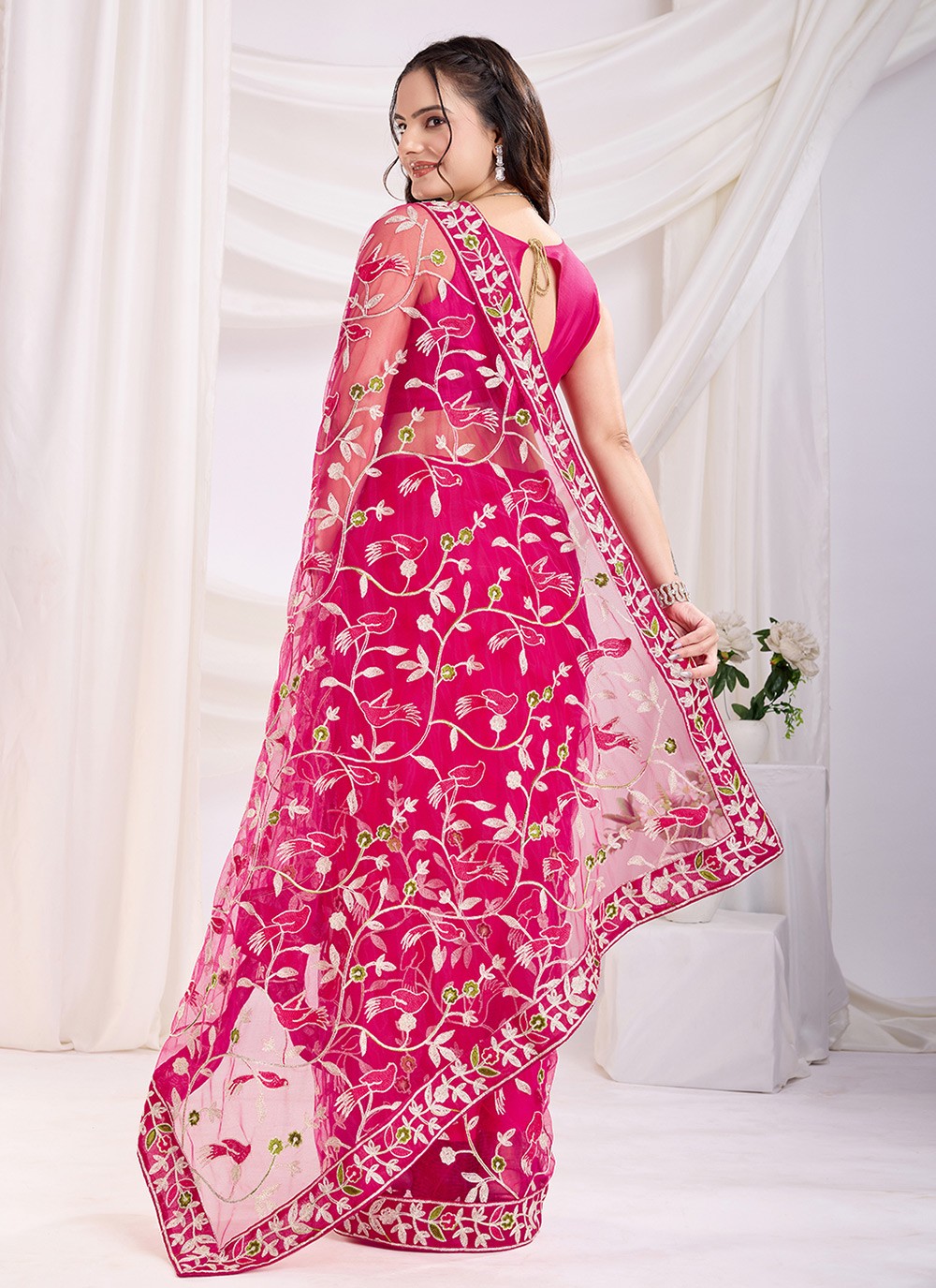 Embroidered Net Hot Pink Saree S14040