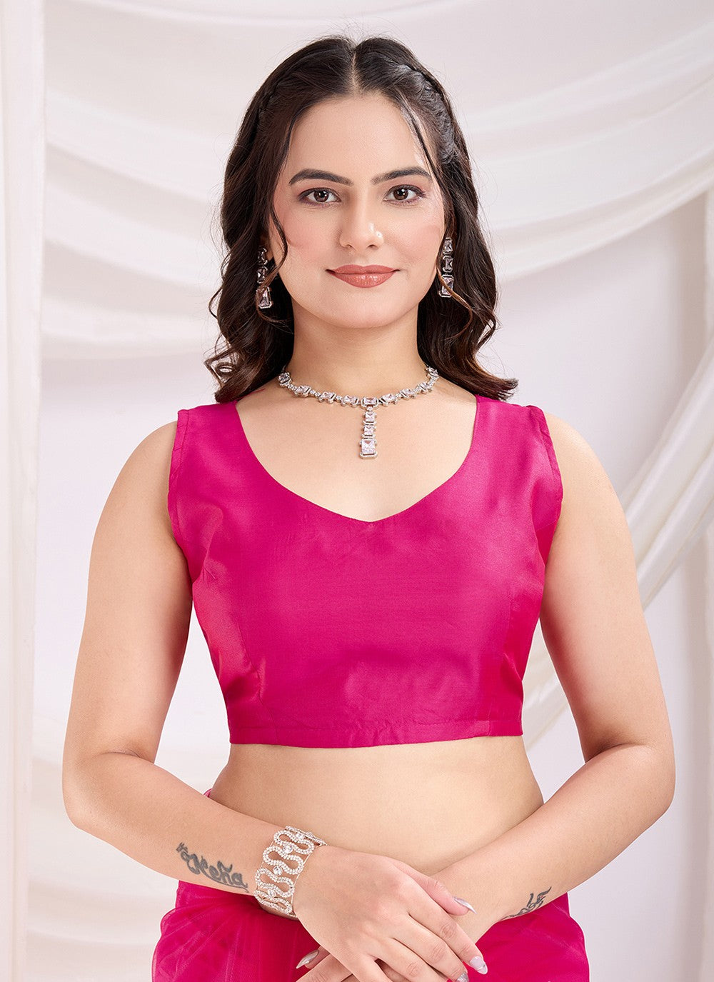 Embroidered Net Hot Pink Saree S13804