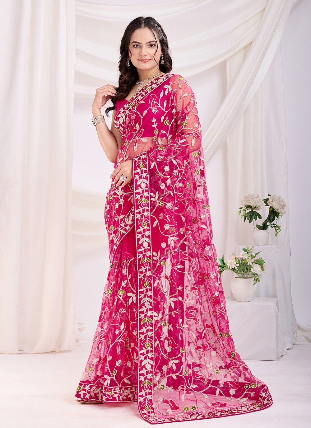 Embroidered Net Hot Pink Saree S13804