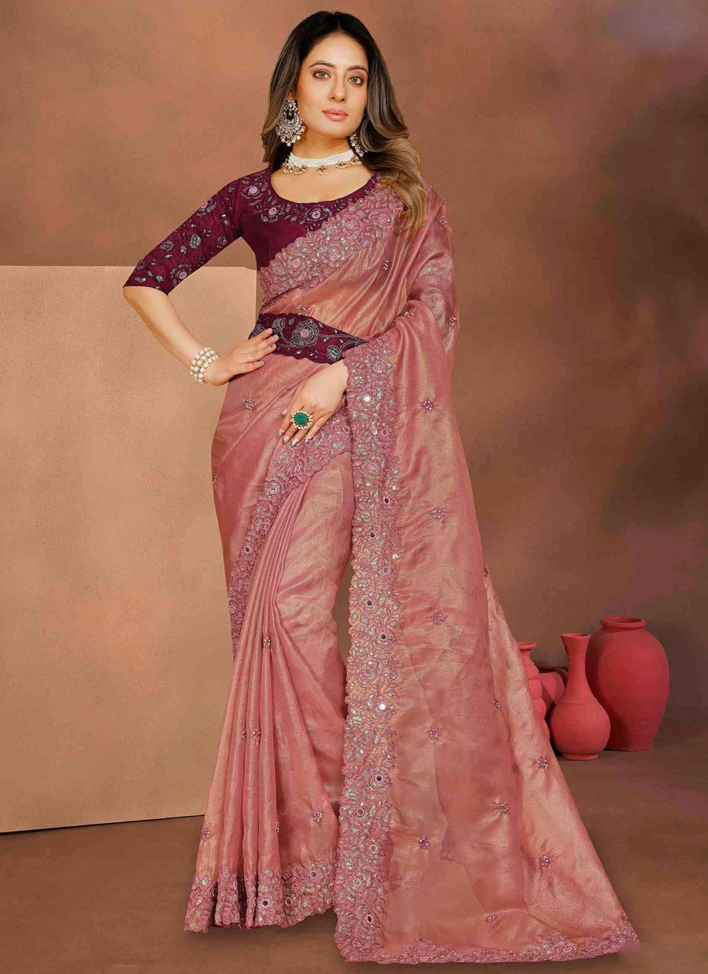 Designer Embroidered Hot Pink Silk Saree S13391