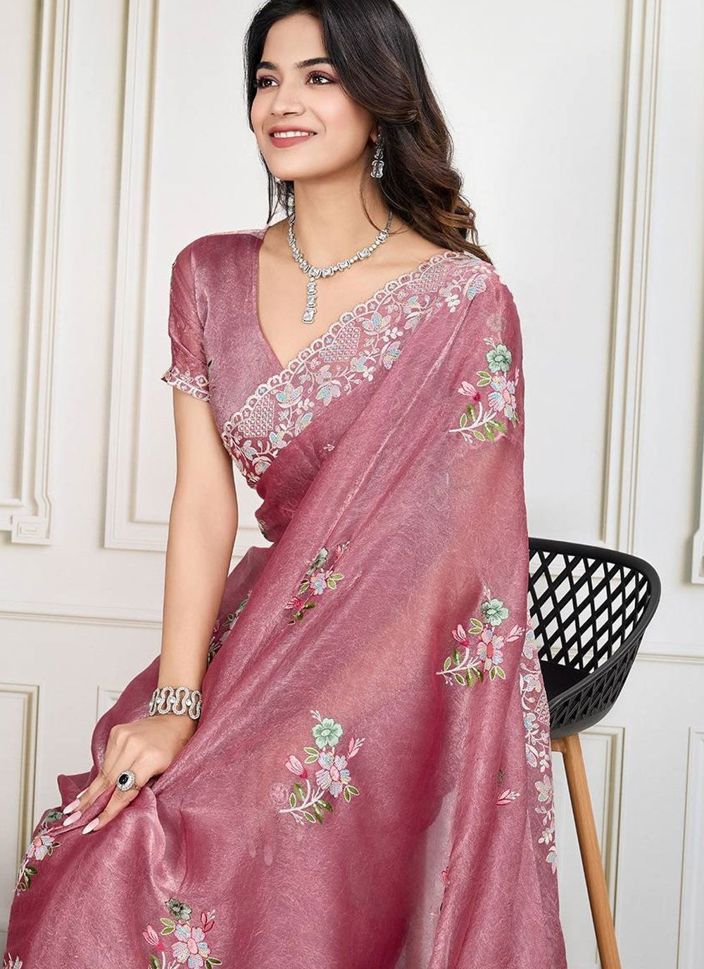 Cut Work Silk Hot Pink Saree S14227