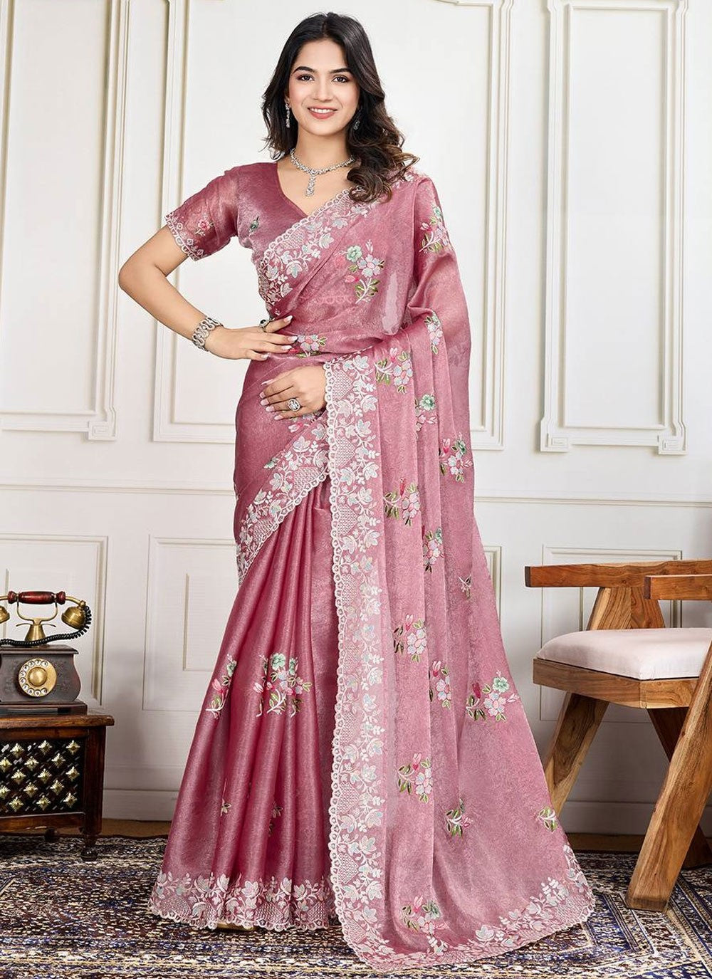 Cut Work Silk Hot Pink Saree S14227