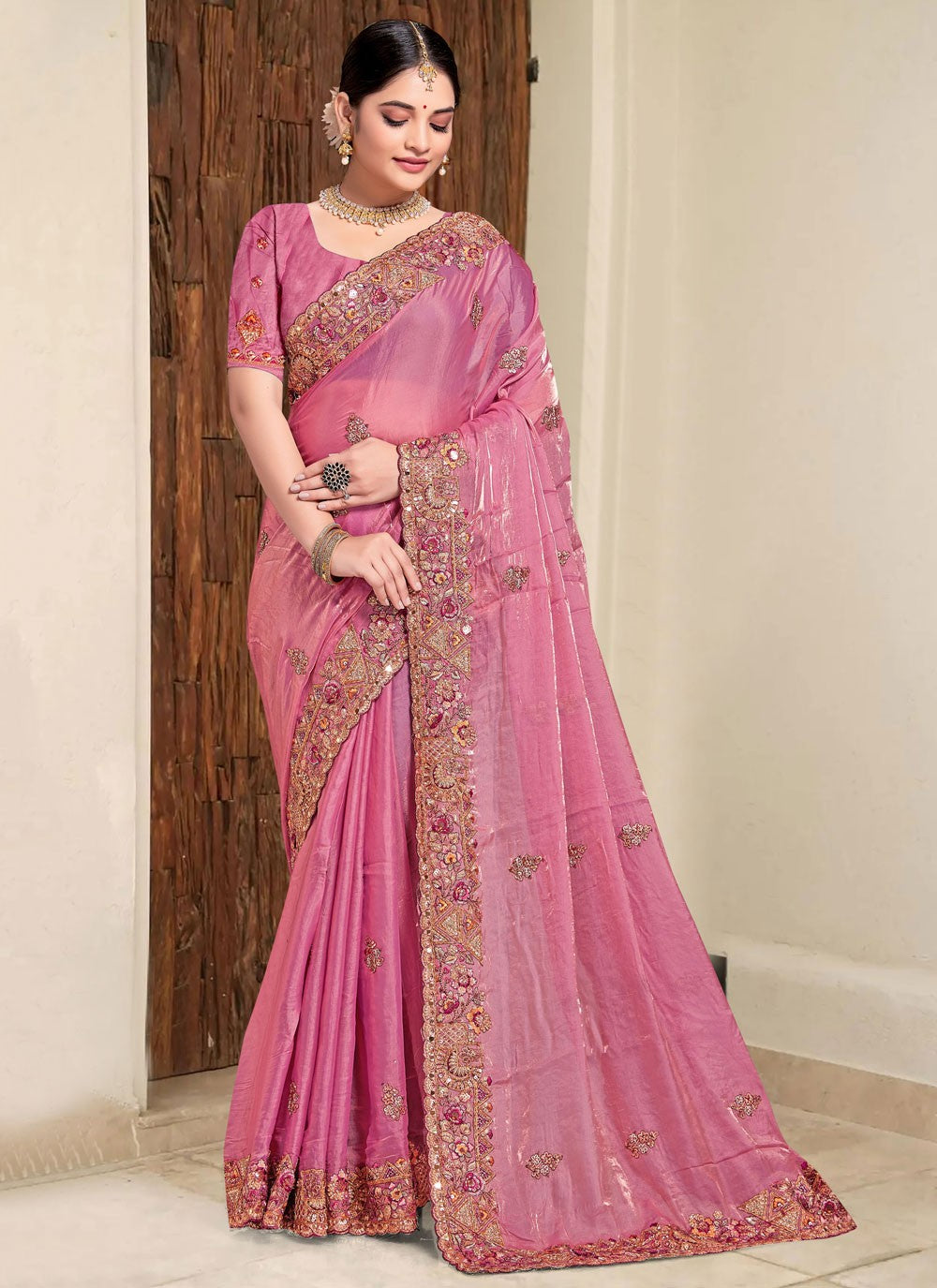 Traditional Beads Hot Pink Silk Saree S13088